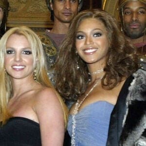 LONDON - JANUARY 26: Pink, Britney Spears, and Beyonce Knolwes pose with some Gladiators for the cameras during the Premiere for the new Pepsi Music Commercial "Pepsi Gladiators" at the National Gallery in Trafalgar Square on January 26, 2003 in London, England.